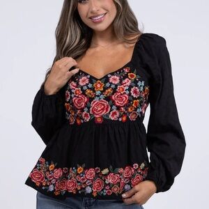 Savanna Jane Black Blouse with Floral Embroidery